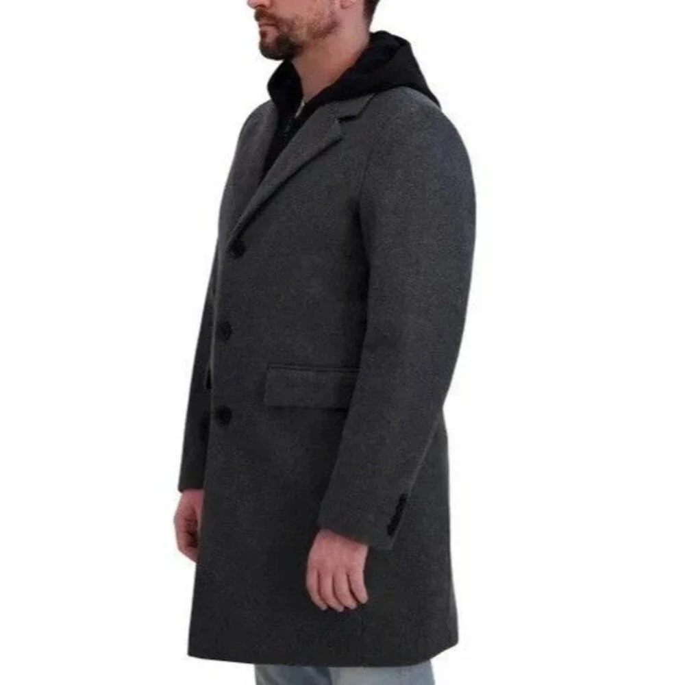 DKNY Men's Faux Wool 3 Button w/ Bib OverCoat Dark Gray Large NWT
